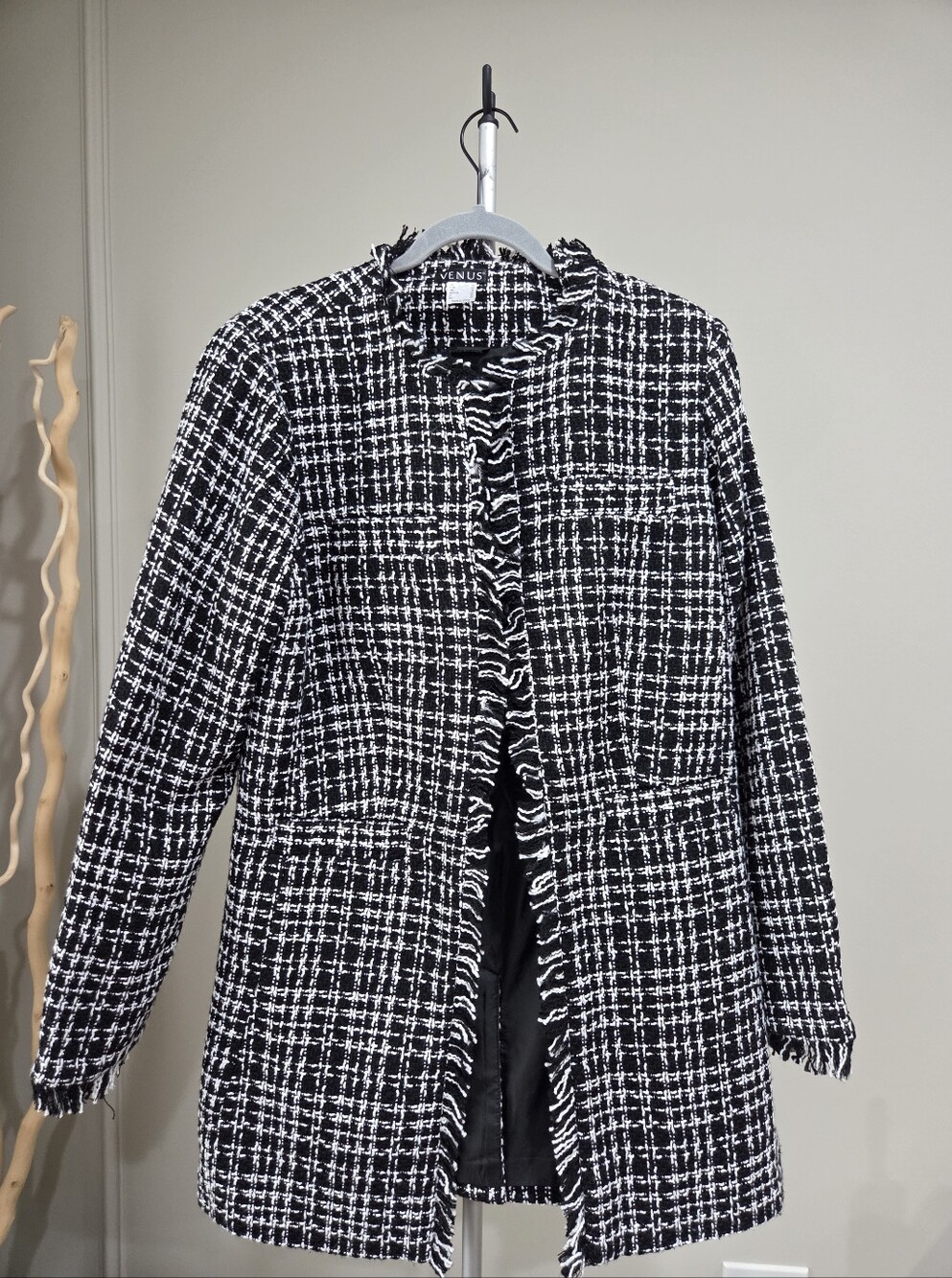Venus Black & White Tweed Fringe Open Front Jacket Sz.12